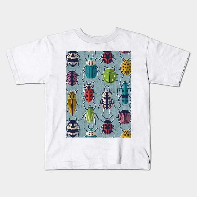 These don't bug me // pattern // duck egg blue background green yellow neon red orange pink blue and black and ivory retro paper cut beetles and insects Kids T-Shirt by SelmaCardoso